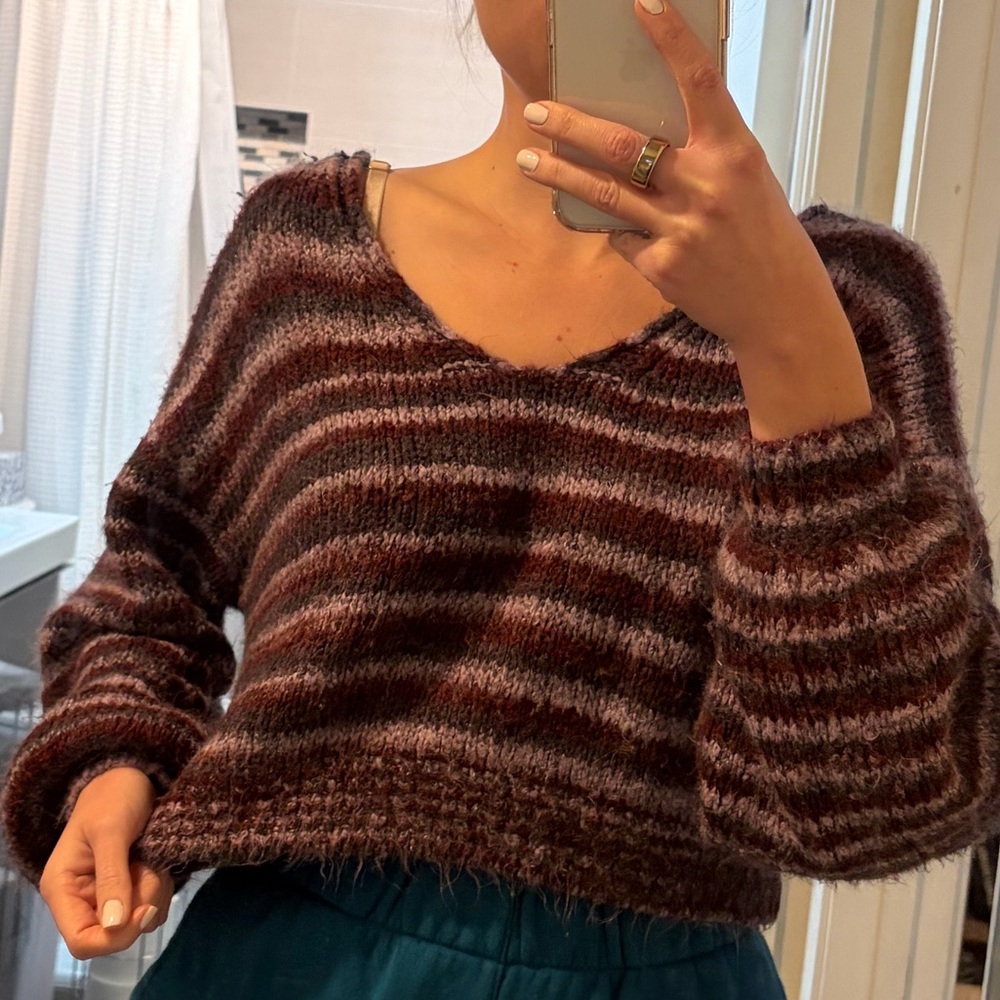 Urban Outfitters Burgundy and White Striped V-Neck Sweater